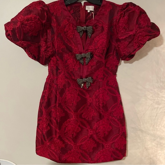 Entro USA Red Jacquard Bow Embellisment Short Dress Puff Sleeve Large valentines - Picture 2 of 6